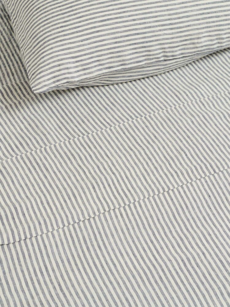 100% Linen Sheet Set in Blue Stripes