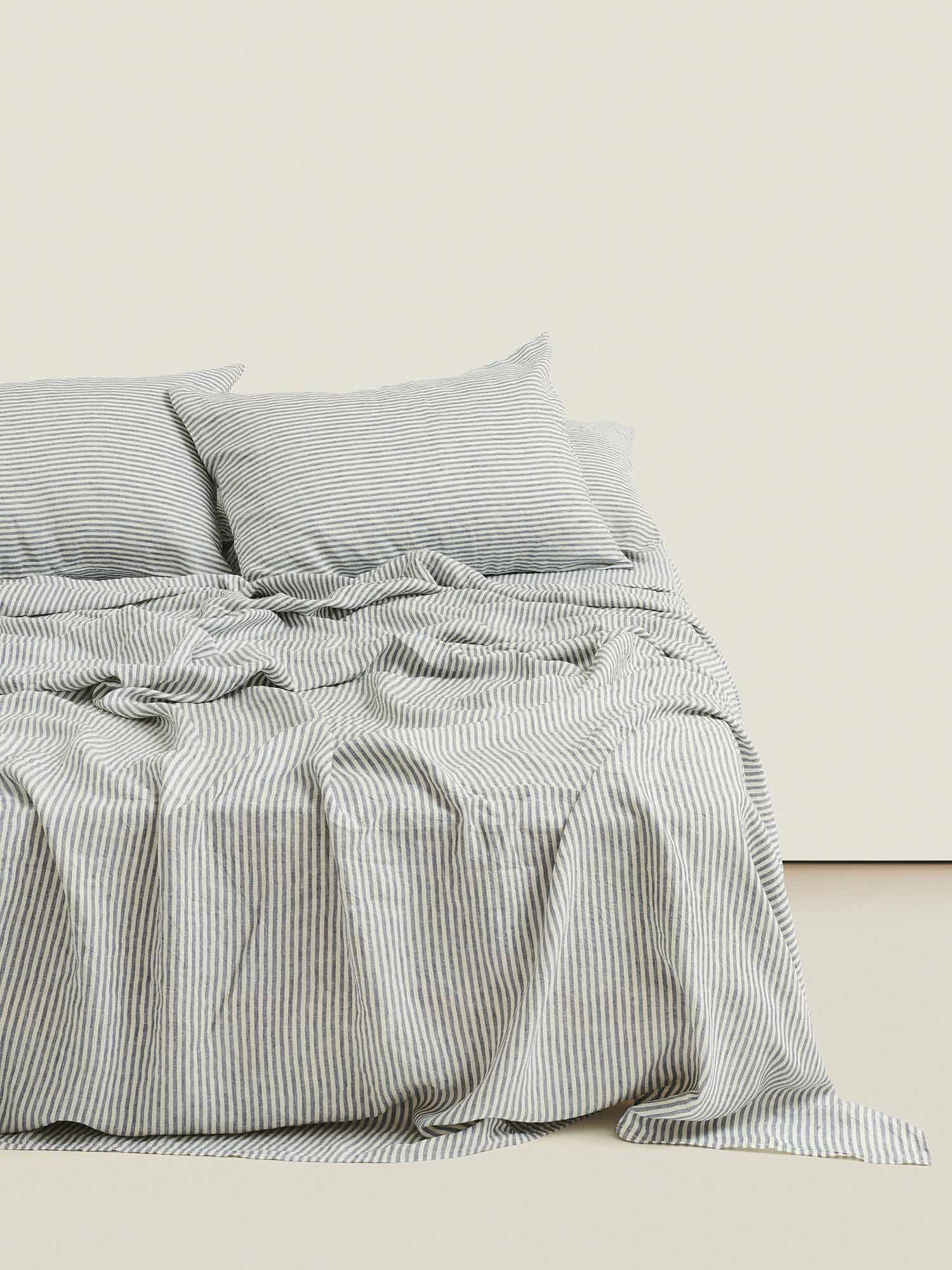 100% Linen Sheet Set in Blue Stripes