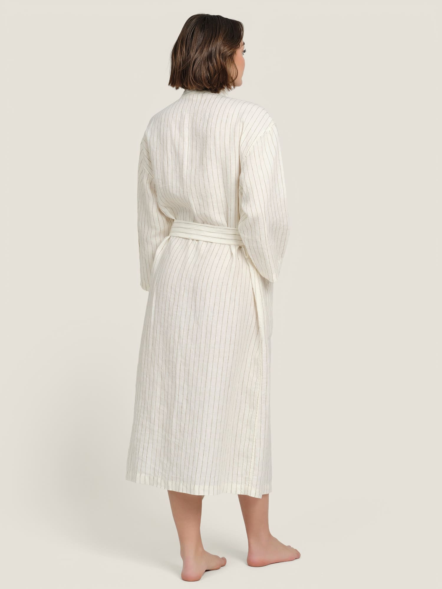 Linen robe in olive thin stripes